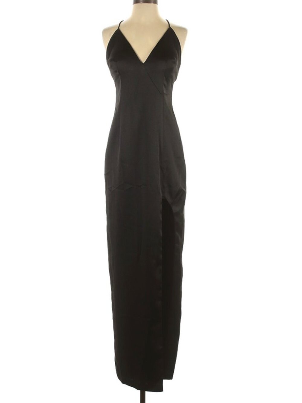Aidan by Aidan Mattox Satin Black Formal Evening Cocktail dress High Slit V-neck